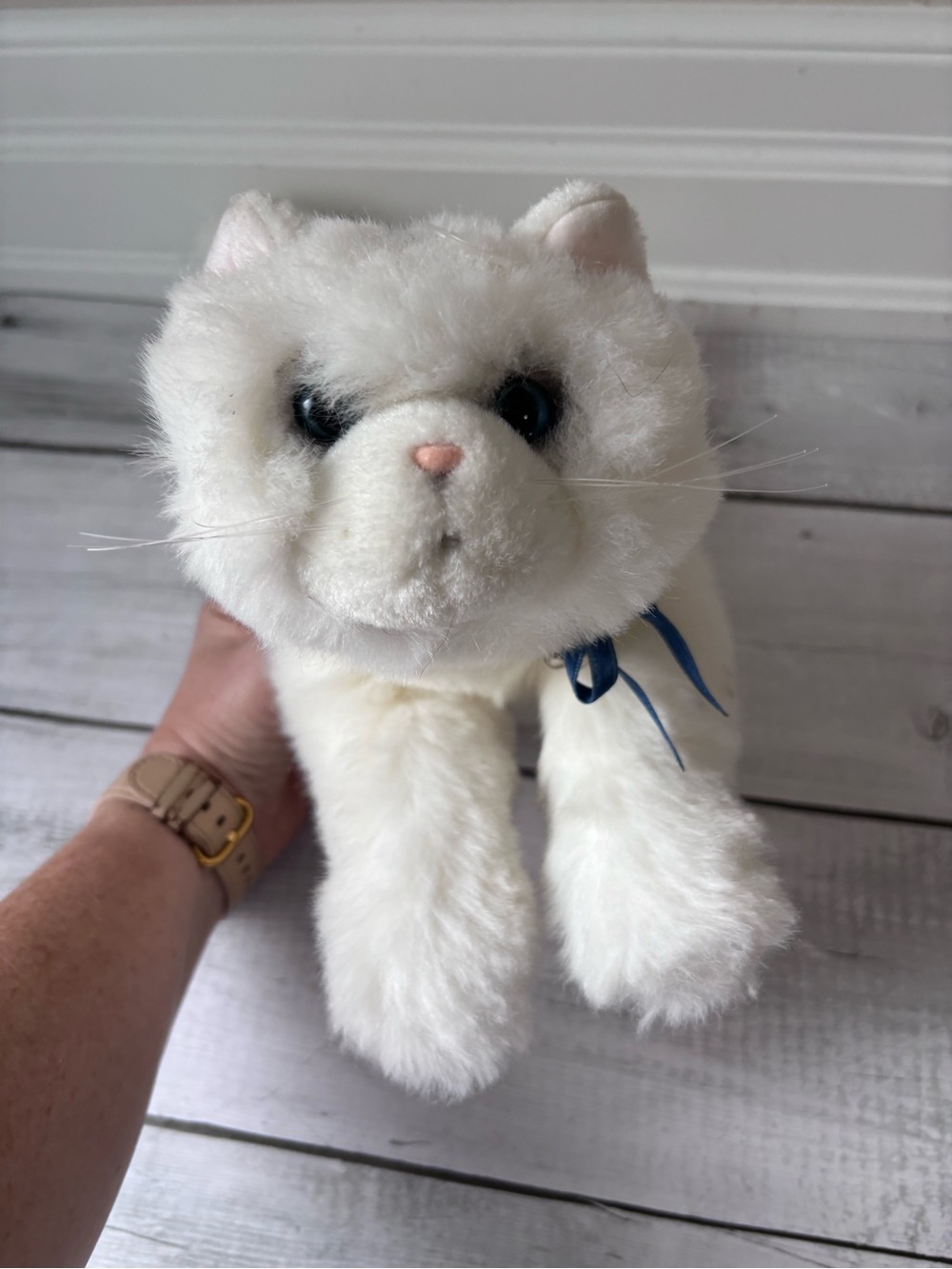 Plush White Cat Stuffed Animal with Blue Ribbon and Bell Collar